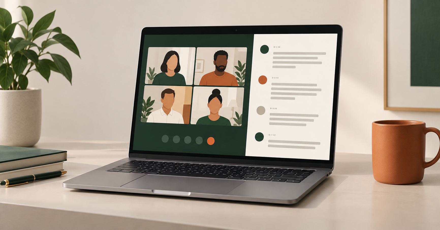 Reunião no notebook com a transcrição organizada ao lado
